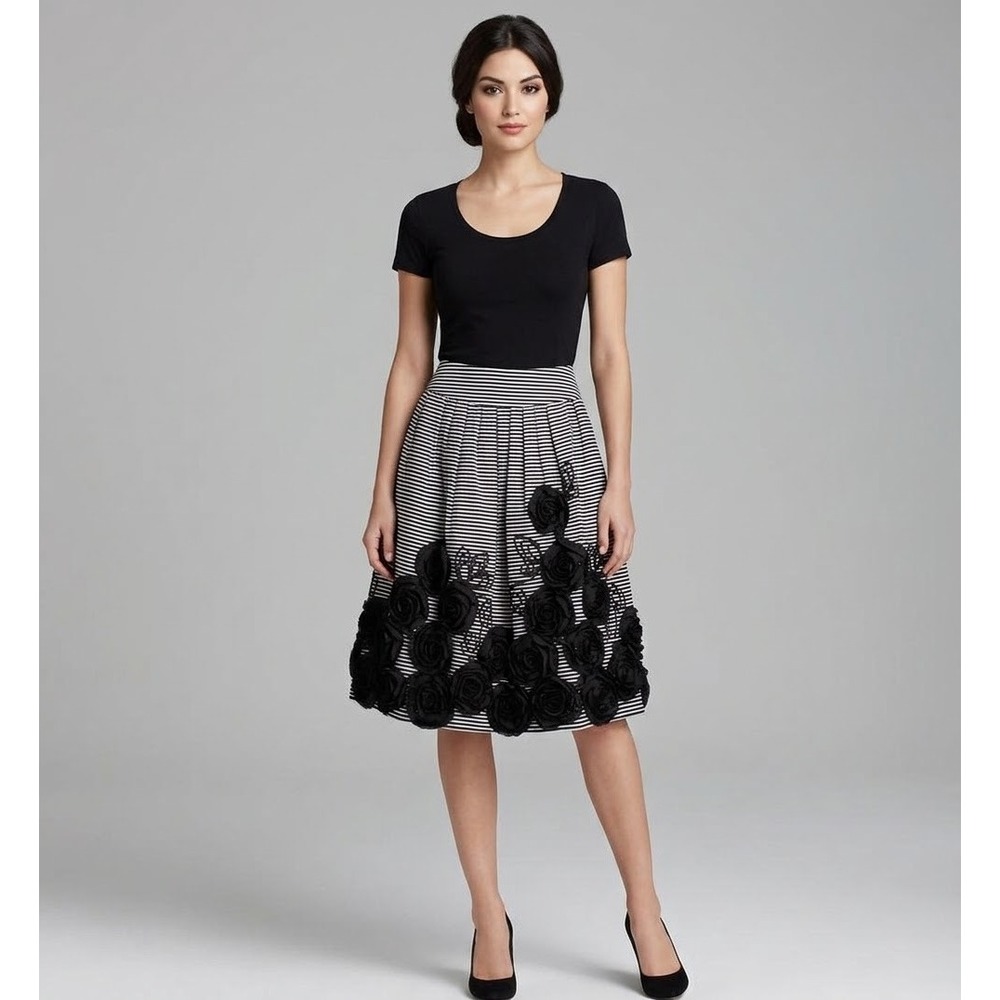 Key Wear Navy White Striped A-Line Skirt Black 3D Floral Rosette Applique Large
